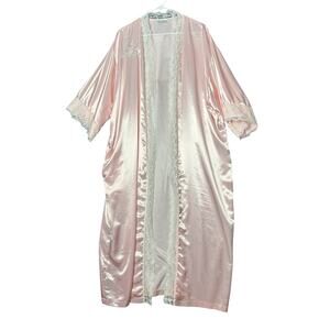 Vintage Val Mode Pink Satin Lace Robe Womens L Embroidered Floral Boudoir